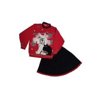 Vtg Y2K Kids Knit Sweater & Skirt Combo with Furry White Dog Sz L/14 READ